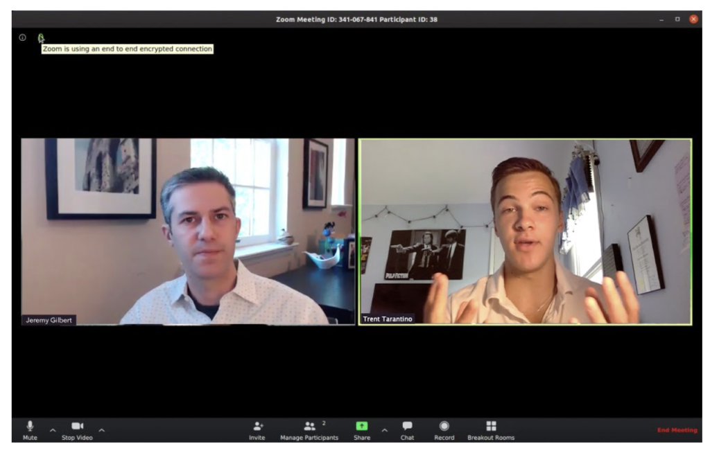 Trent Tarantino in a Zoom meeting with Jeremy Carver