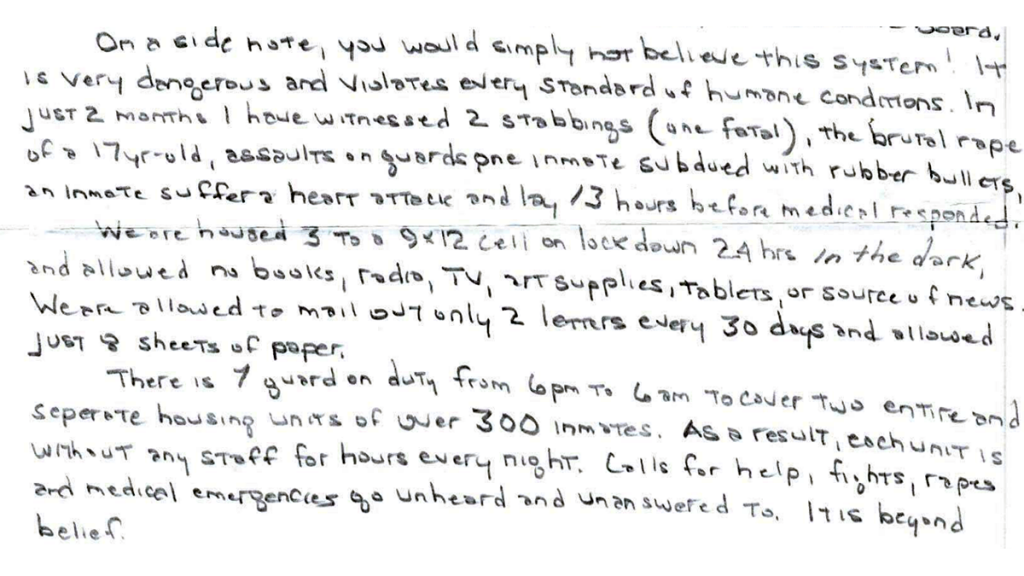 An excerpt of the letter I finally received from a prison journalist I’d been trying to communicate with for six months.