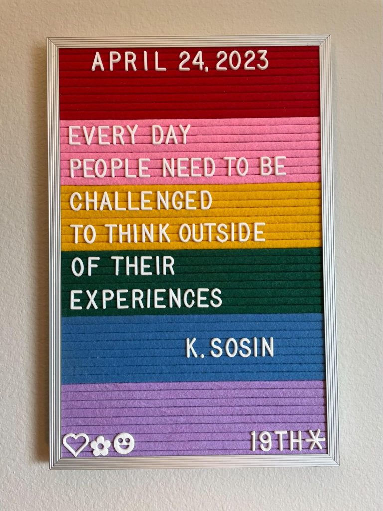 Even though The 19th works remotely, Zurii Conroy, people operations manager, has found that little things like changing up her quote board in the background of video calls can bring her and her team joy. This example shows a quote from 19th reporter Kate Sosin. Photo: Zurii Conroy